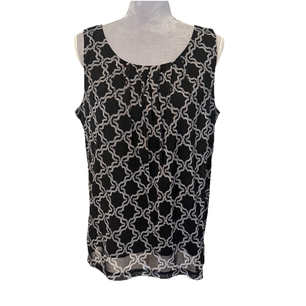 212 Collection Women's Black Sleeveless Blouse Top Sz LG White Geometric Print